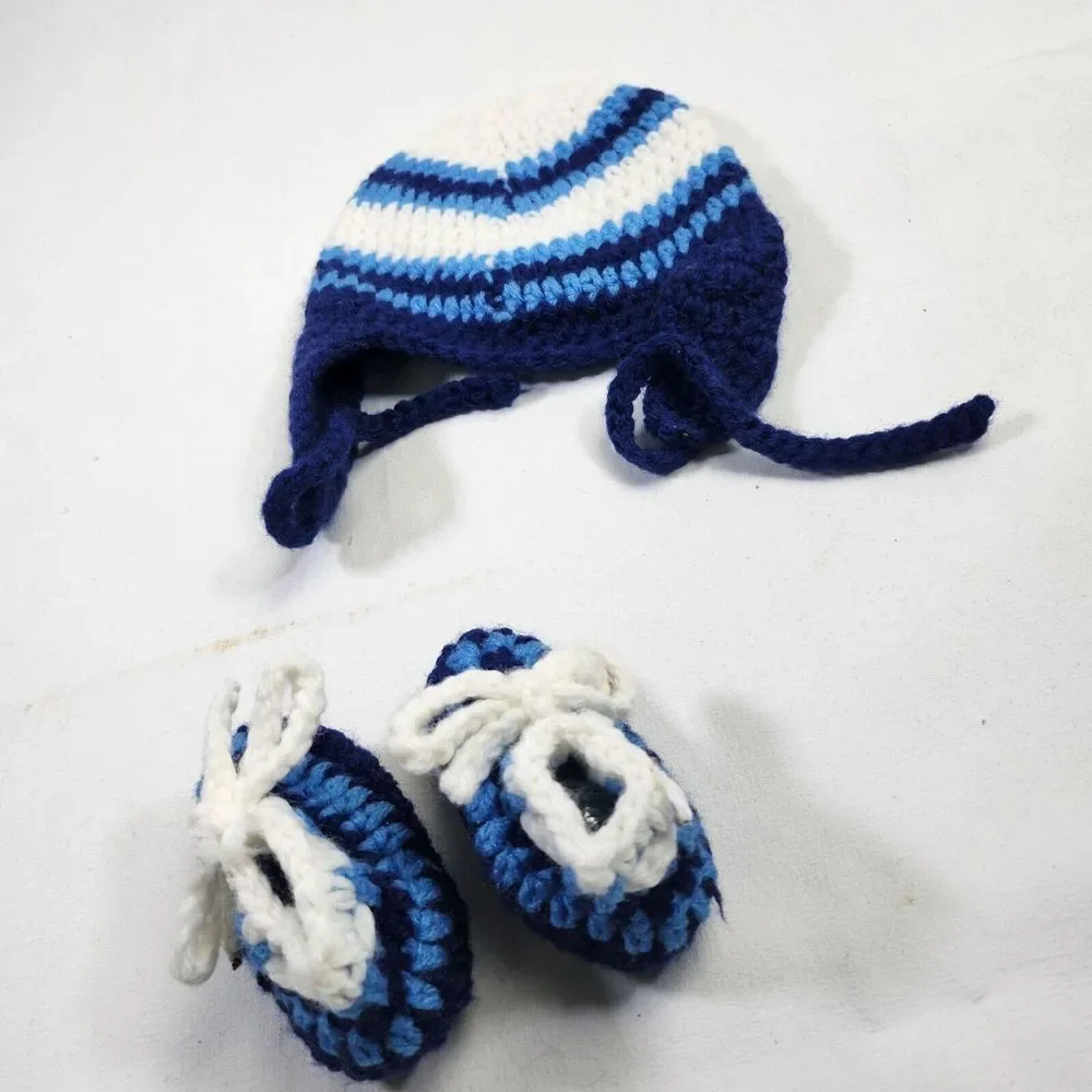 Knitted Baby Hat & Booties Set Blue White Stripes Newborn Soft & Warm Handmade A